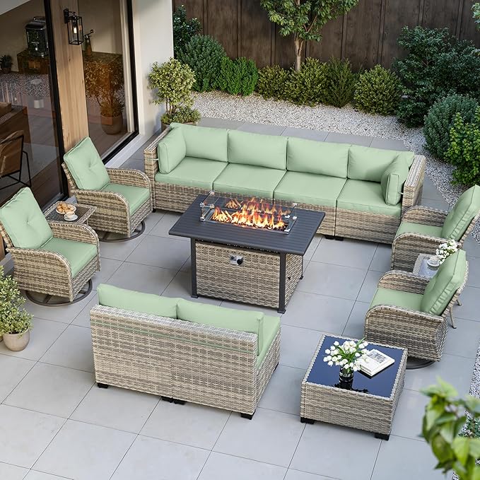 14-Piece Outdoor Patio Furniture Set with Rocking Swivel Chair, Wicker Rattan Sectional Sofa Conversation Set with 55,000 BTU Fire Pit Table, Backyard Furniture, Light Green