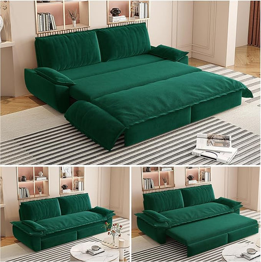 73.2" Queen Size Pull Out Sofa Bed, 3-in-1 Convertible Sleeper, Velvet Loveseat for Living Room, Apartment, Bedroom Small Spaces, Green (Mattress & Bedding Not Included)