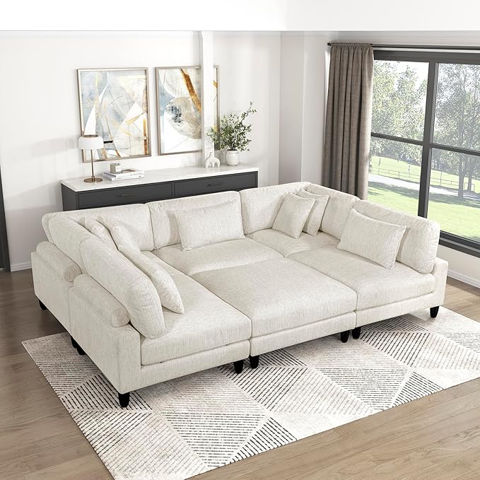Lexicon 120 Inch Modular Sectional Sofa - Oversized 6 Seater Microfiber L Shaped Sectional Couch with Ottoman, 7 Accent Pillows, and Flexible Arrangement for Modern Living Rooms, Beige