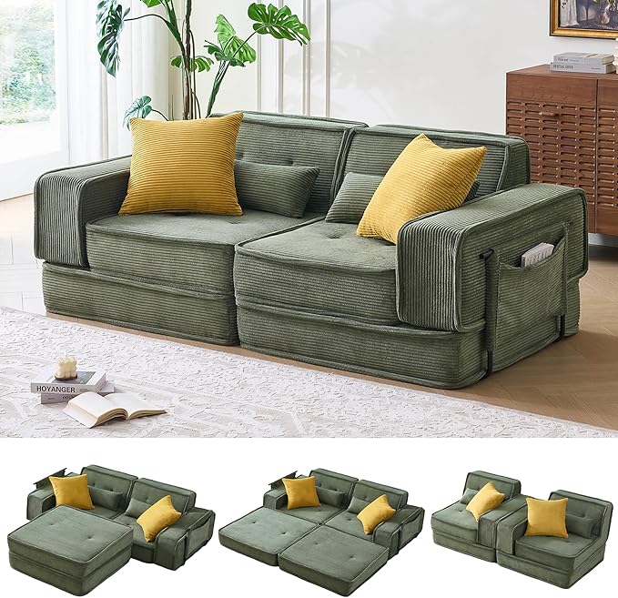 Modular Sofa Bed, No Assembly Required Sectional Couch for Living Room, Compressed Cloud Couch with Corduroy Fabric & Lumbar Pillows, Small Space Furniture Green