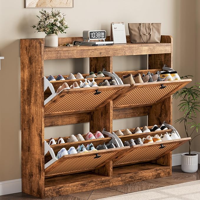 GarveeHome Shoe Cabinet Rattan with 4 Flip Drawers, Wooden Freestanding Shoe Organizer with Adjustable Shelves, Shoe Storage for Entryway, Closet, Hallway by GarveeHome