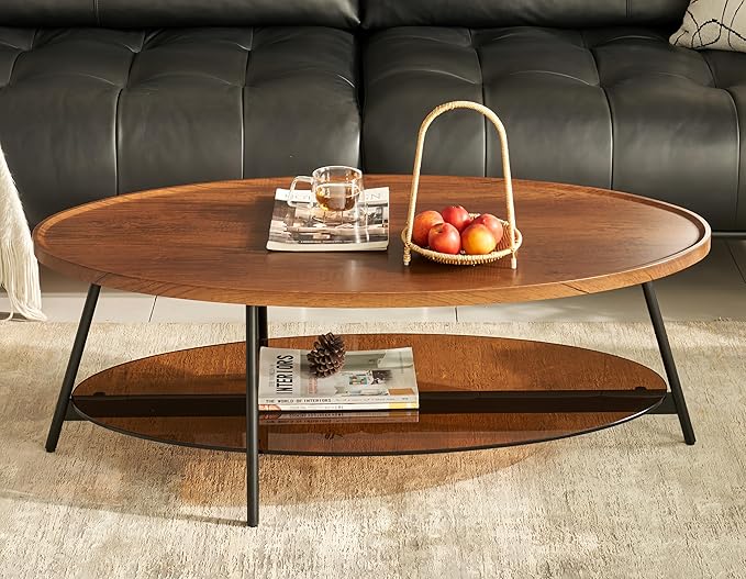 Shrine Glass Coffee Table, Black Walnut Table for Living Room, Glass and Wood Table, 43.3" D x 21.6" W x 15.7" H, Brown Glass Base, Walnut Wood Top&Black Metal Frame