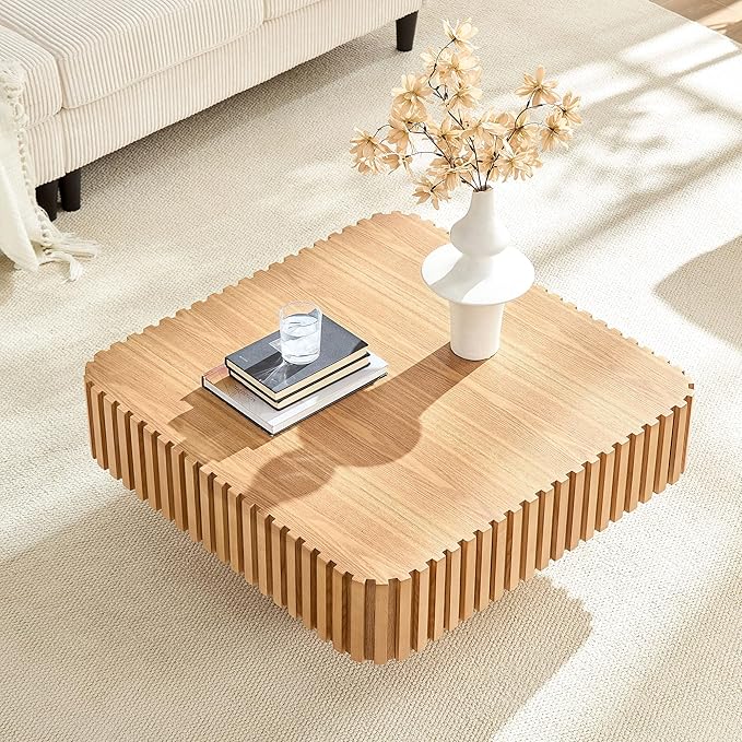 31.5" Square Coffee Table 2 Piece, Wooden Center Tea Table Accent End Table Set of 2 for Living Room Apartment, with Sturdy Curved Base & Solid Wood Fluted Side, Oak