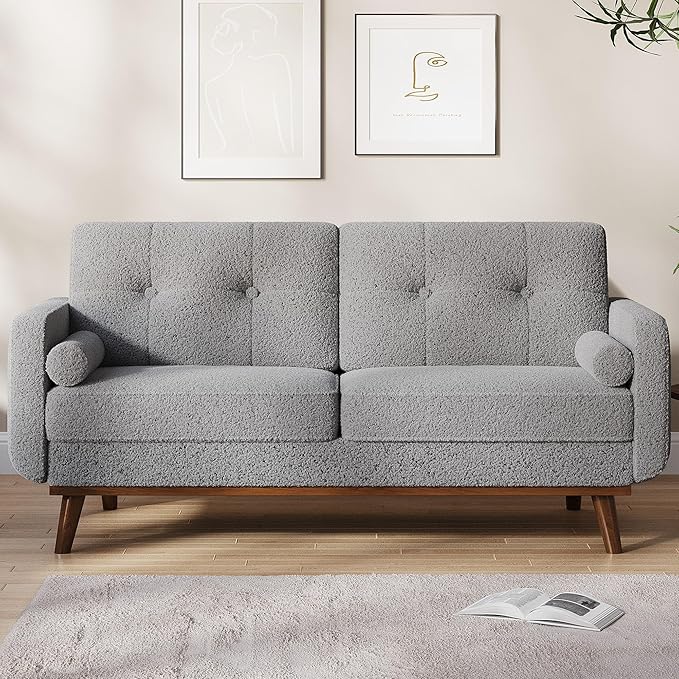 IDEALHOUSE 65" Mid Century Modern Couch Sofa Loveseat, Comfy Love Seat Couches for Living Room, 2 Seater Teddy Fleece Boucle Upholstered Deep Seat Couch for Bedroom Office Small Space, Grey