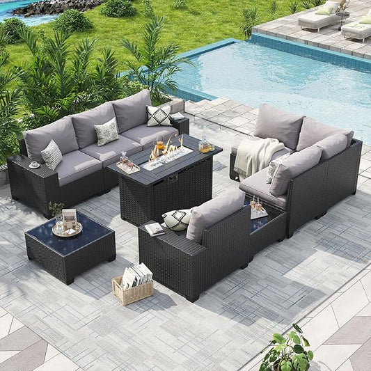 Aoxun Patio Furniture Sets with 44'' Fire Pit, 10 Pcs Outdoor Patio Coversation Set with 4'' Thicken Cushion, Widen Armrests Wicker Outdoor Sectional for Backyard (Waterproof Cover Include)