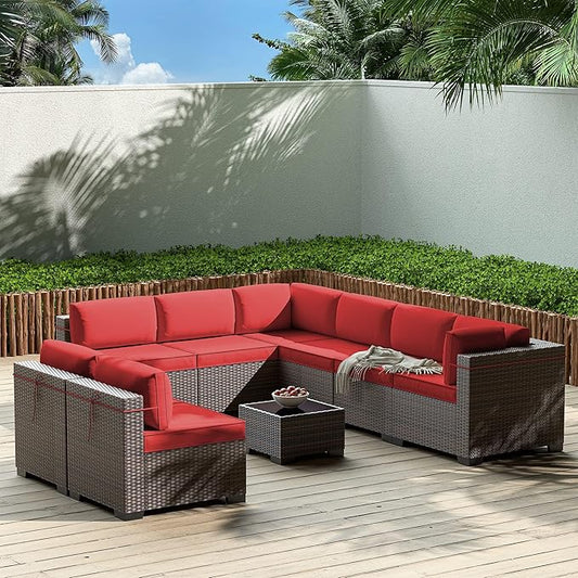 Gotland 9 Pieces Patio Furniture Set with 29.5'' High Backrest, All Weather PE Wicker Outdoor Furniture with 4’’ Thickened Cushions Coffee Table, Patio Set for Deck, Garden, Backyard, Red