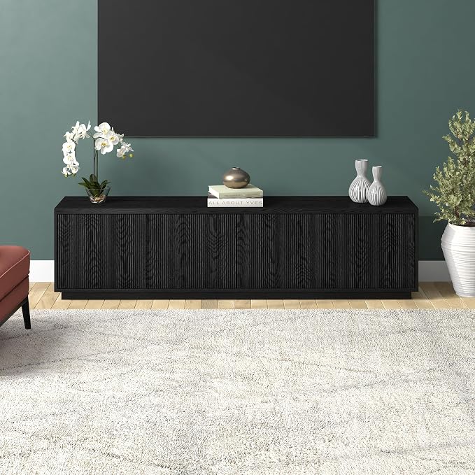 Henn&Hart Fluted TV Stand for TVs up to 85" with 2 Concealed Ribbed Storage Cabinets and Adjustable Shelves for Living Room, Family Room, or Office, Natural Black - Image 2