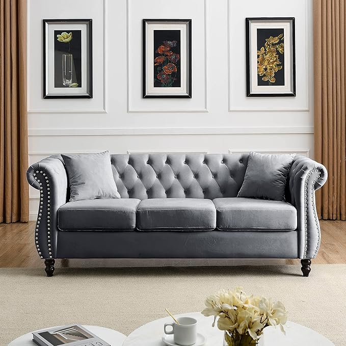 KEIKI Chesterfield Sofa, Retro Style Upholstered 3 Seater Velvet Couch with Rolled Arm for Living Room Bedroom Office Apartment, Grey
