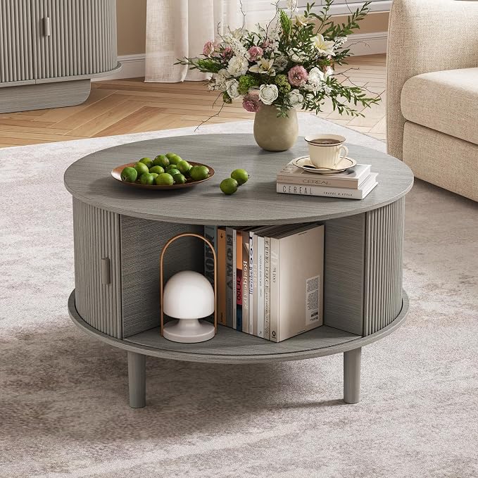 Coffee Table and TV Stand Set of 2, Round Center Table with Storage, Fluted Coffee Table with 360° Sliding Doors, 86.6" Entertainment Center for Bedroom, Living Room, Grey - Image 2