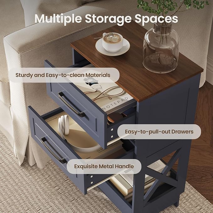 Tall Nightstand Set of 2 Side Table Modern Night Stand with 2 Drawers Wooden Rustic End Table Bedside Table with Upper Open Shelf Solid Feet for Bedroom Navy Blue+Walnut - Image 4