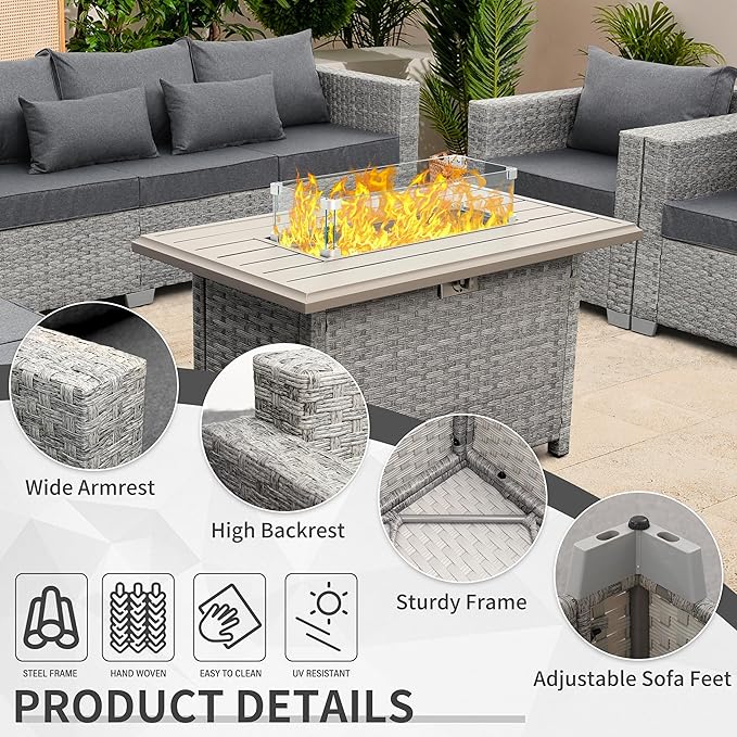 WAROOM Patio Furniture Set 7 Piece Grey Wicker Outdoor Conversation Sets PE Rattan Sectional Sofa with Propane Fire Pit Table and Anti-Slip Grey Cushion