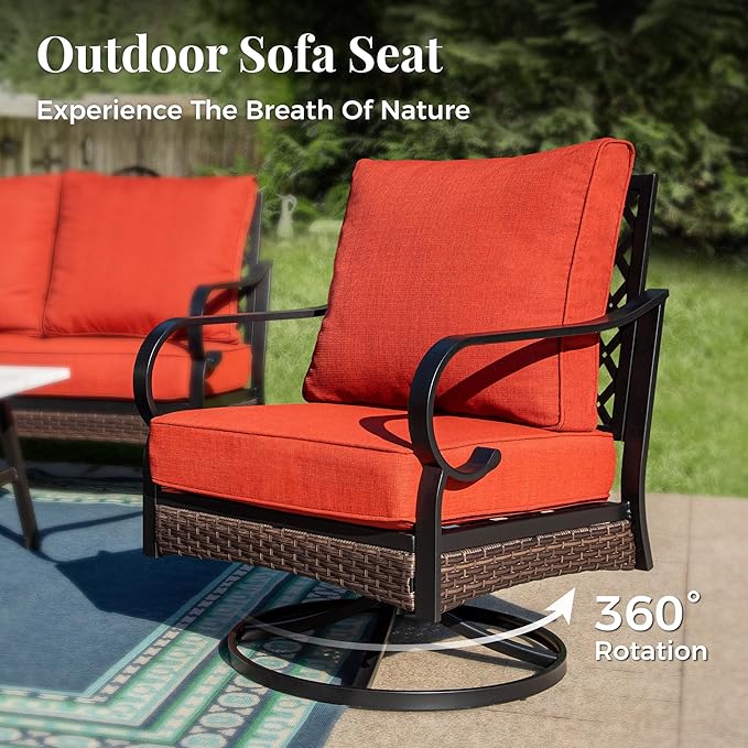 Patio Furniture Set with Coffee Table, Outdoor Conversation Set with 2 x Swivel Chairs, 1 x 2-Seat Sofa, 1 x 3-Seat Sofa for Lawn Garden Backyard, Red