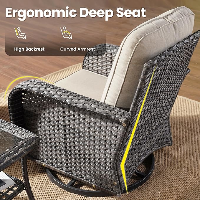 ovios 3-Piece Patio Furniture Set, Outdoor Wicker Sofa with Swivel Chairs, High Back Rattan Gliders Rocker with Comfy Cushions for Porch Yard Deck, Beige
