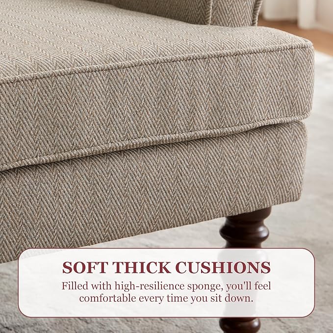 HUIMO Printed Wingback Accent Chair, Linen Upholstered High Back Armchair, Comfy Reading Chair for Living Room Bedroom Study, 300lbs Weight Capacity (2, Brown with Lines)