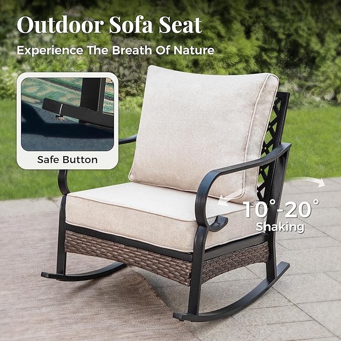 Patio Furniture Set with Coffee Table, Outdoor Conversation Set with 2 x Fixed Chairs, 2 x Rocking Chairs, 1 x 3-Seat Sofa for Lawn Garden Backyard, Beige