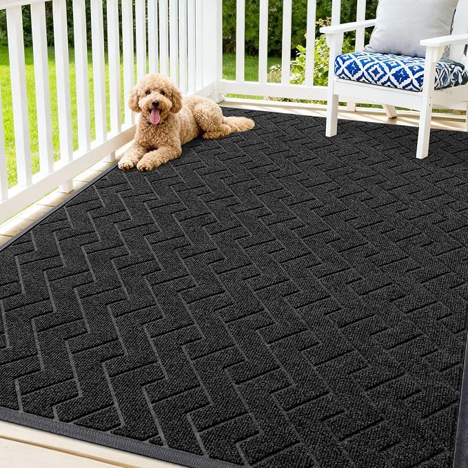 OLANLY Front Door Mat Indoor Outdoor Entrance, Waterproof All-Season, All-Weather Doormat, Sturdy Natural Rubber, Low Profile, Easy Clean Patio Porch Entryway Mat, Herringbone Brick (Black, 71x47) by OLANLY
