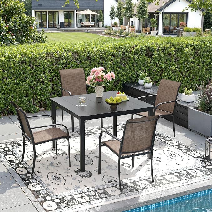 DIFY 5 Pieces Outdoor Patio Dining Set for 4, 40.2" Black Square Metal Dining Table and 4 Brown Stackable Textilene Patio Chairs, Outdoor Table and Chairs for Backyard Garden Poolside by DIFY