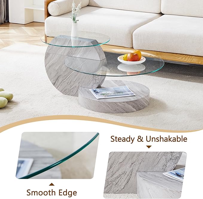 35.4" Glass Coffee Table, Round Coffee Table, 2-Tier Tempered Glass Tabletop with Grey Faux Marble Base, Modern Center Table for Living Room, Home, Apartment, Ideal for Small Space