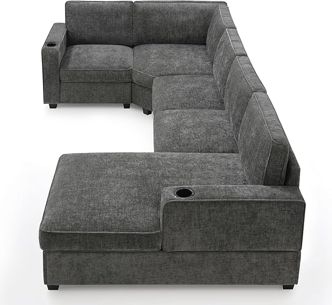 Merax Modern U-Shaped Cloud Couch Set with Oversized Chaise Lounge, Chenille 6-Seat Sectional Sofa Sleeper Bed with Cup Holders for Living Room Dark Gray