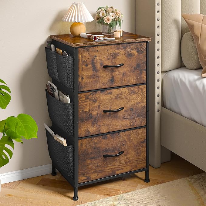 Night Stand Set 2,Night Stand with Drawers for Bedroom,Bedside Table with Wooden Top,Sturdy Steel Frame End Table,Dorm Small Nightstand for Bedroom,Entryway,Hallway,Cloth Bags,Hooks,Rustic Brown - Image 7