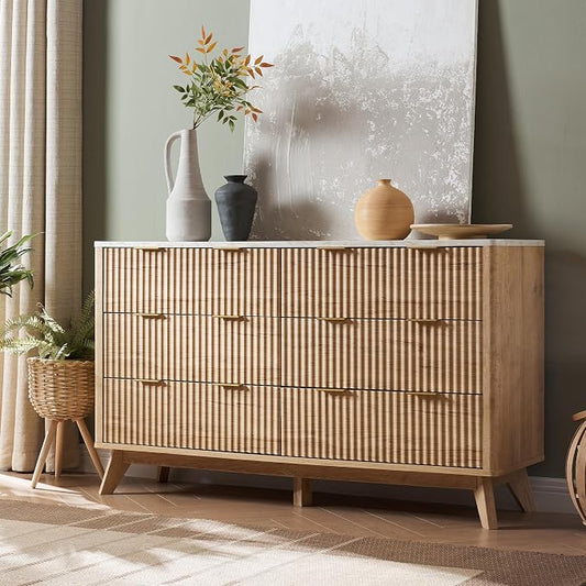 T4TREAM Fluted 6 Drawers Dresser, 54" Wide Modern Chest of Drawers with Faux Marble Top, Curved Profile Design, Dresser TV Stand, Wood Drawer Organizer for Bedroom, Living Room, Hallway, Natural Oak by T4TREAMFurniture