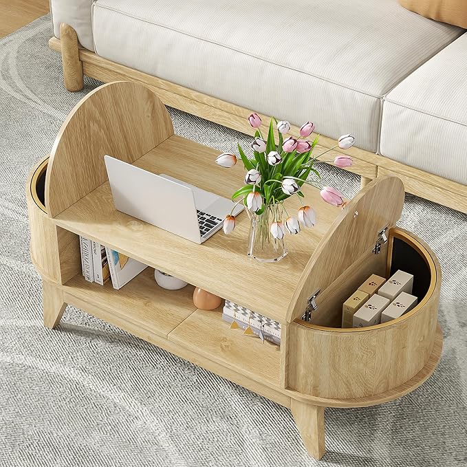 46.45'' Oval Coffee Tables for Living Room, Mid Century Modern Coffee Table with Storage, Wood Fluted Accent Center Table with Flip-Top Lids for Home,Office (Wood Color)