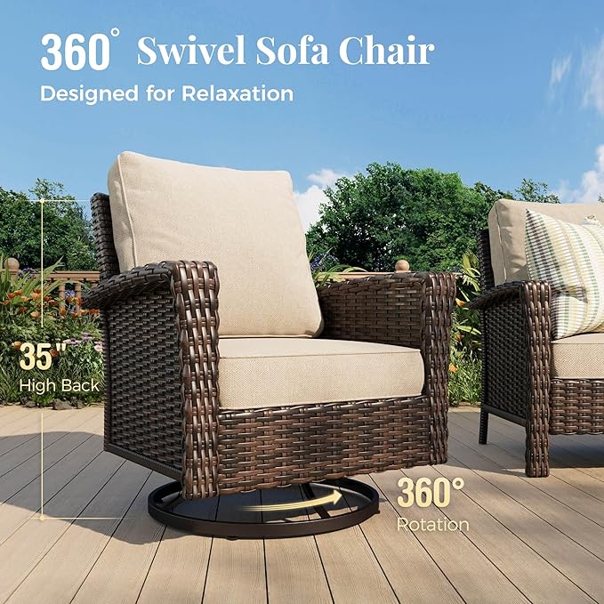 6-Piece Wicker Patio Furniture Set with Swivel Chairs, High Back Outdoor Sofa with 5.5-inch Thick Cushion, All-Weather Wicker Patio Conversation Set for Deck Yard Pool, Beige