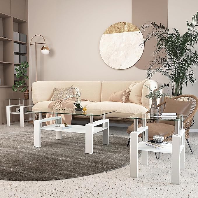 39.4'' Rectangle Glass Coffee Table, White Coffee Table with Tempered Glass & Metal Legs, 2-Tier Modern Center Table with Storage Shelf, Clear Glass Coffee Tables for Living Room, Apartment, Office