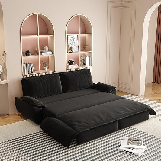 3-in-1 Convertible Sofa Bed Queen Size Pull Out Sleeper Sofa with Heavy Duty Metal Frame, Luxurious Velvet Upholstered Loveseat with 2 Pillows, Modern Folding Guest Bed for Living Room, Apartment