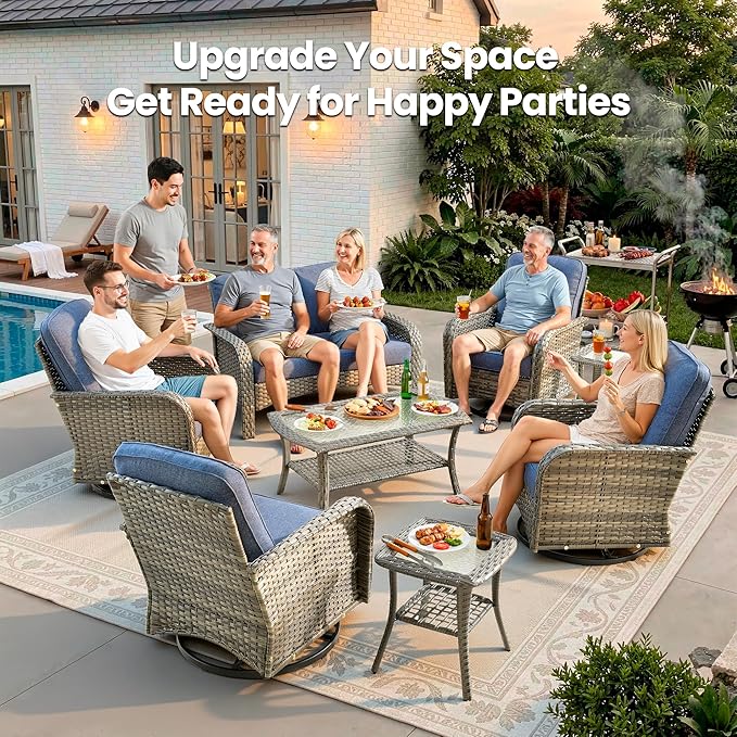 Weaxty 8 Pieces Outdoor Patio Furniture Sets with Swivel Rocking Patio Chairs and Loveseat Sofa,Coffee Table,All Weather Wicker Conversation Set for Deck Backyard Porch Poolside, Denim Blue