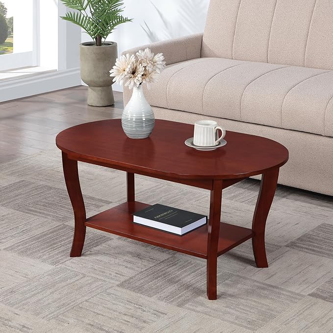 Convenience Concepts American Heritage Oval Coffee Table 36" - Classic Living Room Table with Storage Shelf for Transitional Living Room, Mahogany