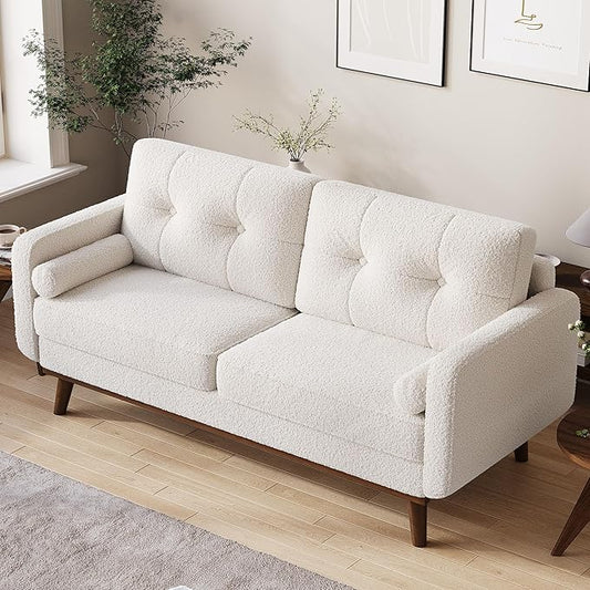 65" Mid Century Modern Couch Sofa Loveseat, Comfy Love Seat Couches for Living Room, 2 Seater Teddy Fleece Boucle Upholstered Deep Seat Couch for Bedroom Office Small Space, Beige Cream
