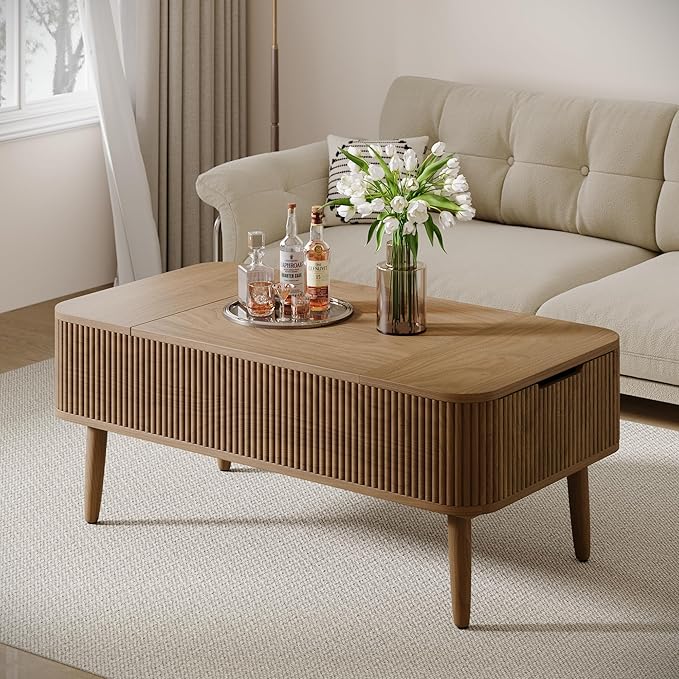 47.2” Modern Coffee Table Wooden Fluted Lift Top Coffee Table with Hidden Compartment, Mid Century Modern Rectangle Center Tables with Lifting Tabletop & 2 Storage Drawers for Home Living Room Walnut