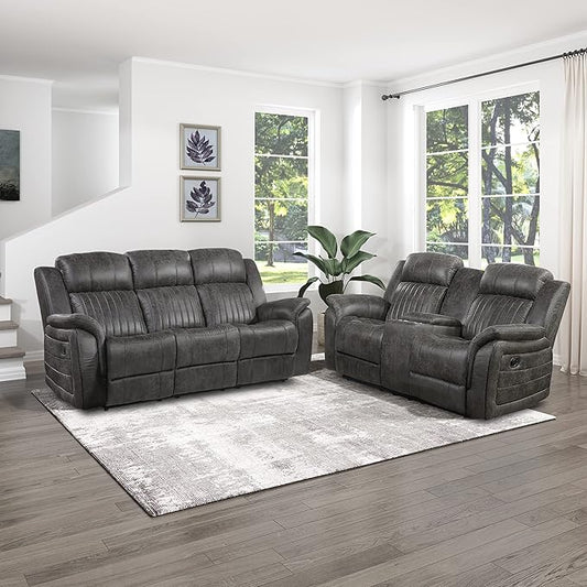 Lexicon Recliner Living Room Set, Home Theater Seating, Manual Polished Microfiber Upholstery Sofas, RV Couch Including Double Recliner Sofa and Loveseat, 2-Piece Set, Brownish Gray