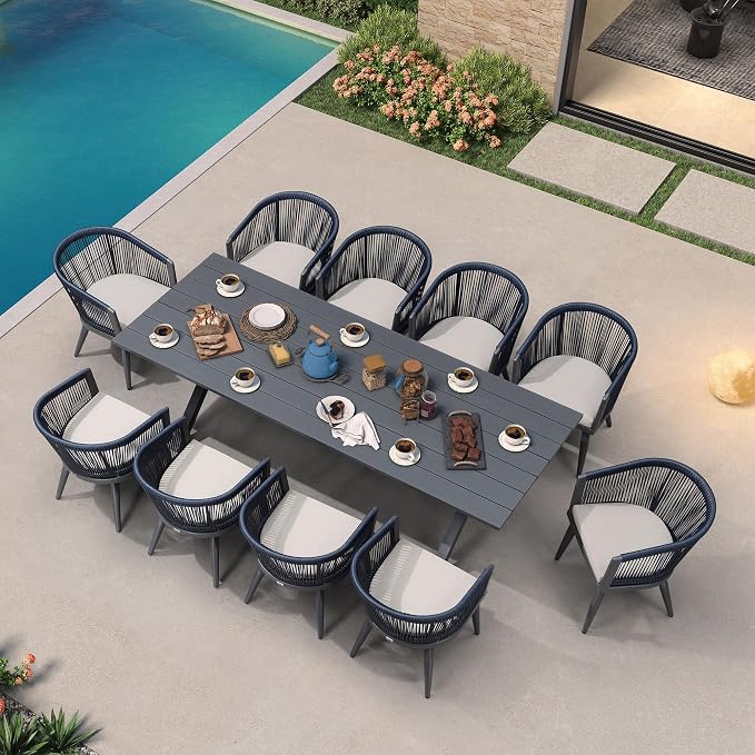 PURPLE LEAF Patio Dining Set for 10 All-Weather Wicker 11 Piece Aluminium Outdoor Table and Chairs Set Included Cushions for Backyard Indoor Decor Kitchen Modern Outdoor Furniture Set Grey and Navy - Image 9