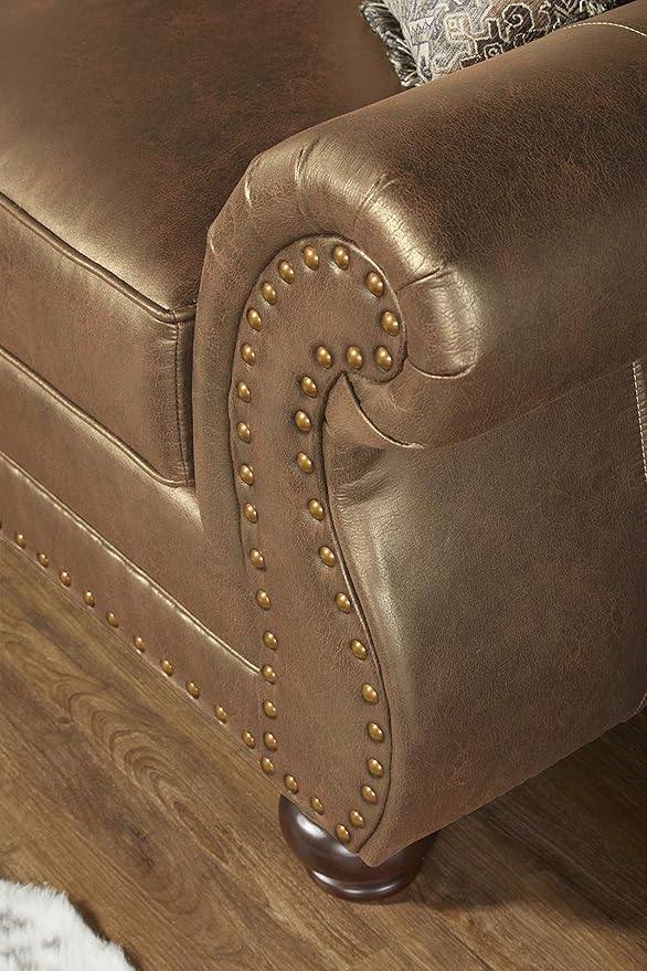 Leinster Faux Leather Sofa and Loveseat with Antique Bronze Nailheads in Jetson Ginger