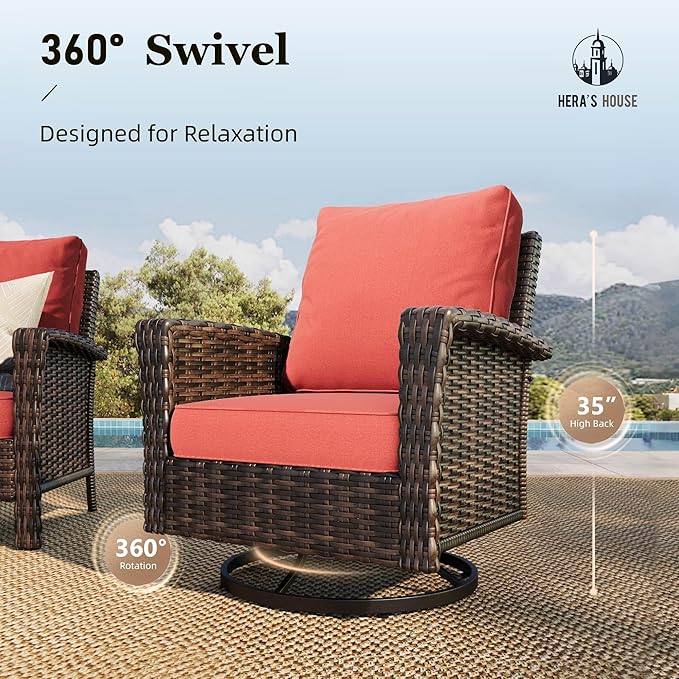HERA'S HOUSE 8-Piece Patio Furniture Set with Swivel Chairs & Fire Pit Table, High Back Outdoor Conversation Sets with 5.5" Thick Cushions, All-Weather Wicker Deep Seating Sofa with Ottomans, Red