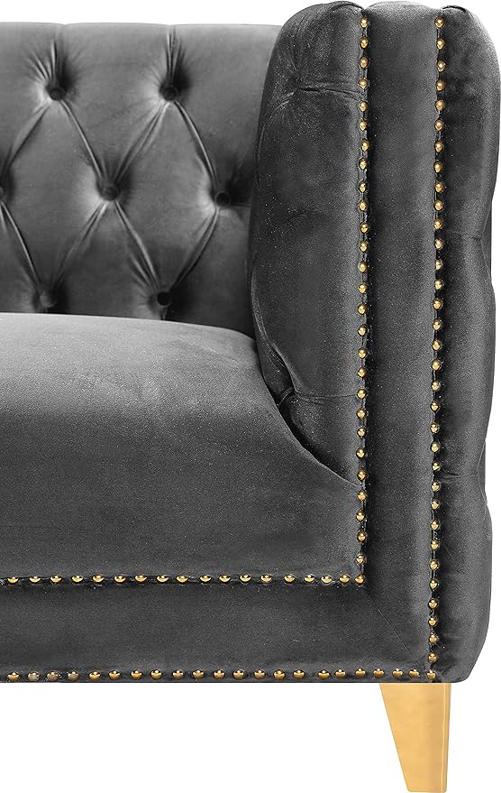 Meridian Furniture 652Grey-L Michelle Collection Modern | Contemporary Loveseat with Deep Button Tufting, Gold Nailhead Trim and Sturdy Gold Iron Legs, Grey Velvet, 66" W x 34" D x 30" H