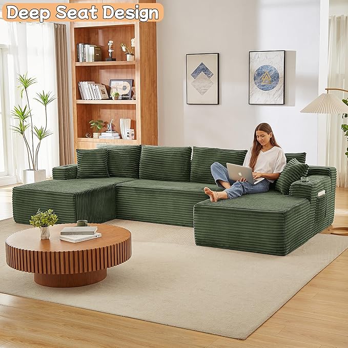 133.5" U Shaped Couch, Modular Sectional Sofa with Chaise, Corduroy U Shaped Boneless Couch with Deep Seat, Upholstered Modular Cloud Sofa for Living Room, No Assembly Required, Green
