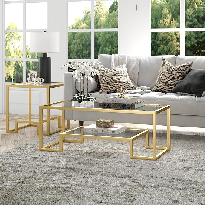 Henn&Hart 45" Rectangular Coffee Table with Glass Top and Raised Lower Shelf for Living Room, Family Room, or Office, Gold