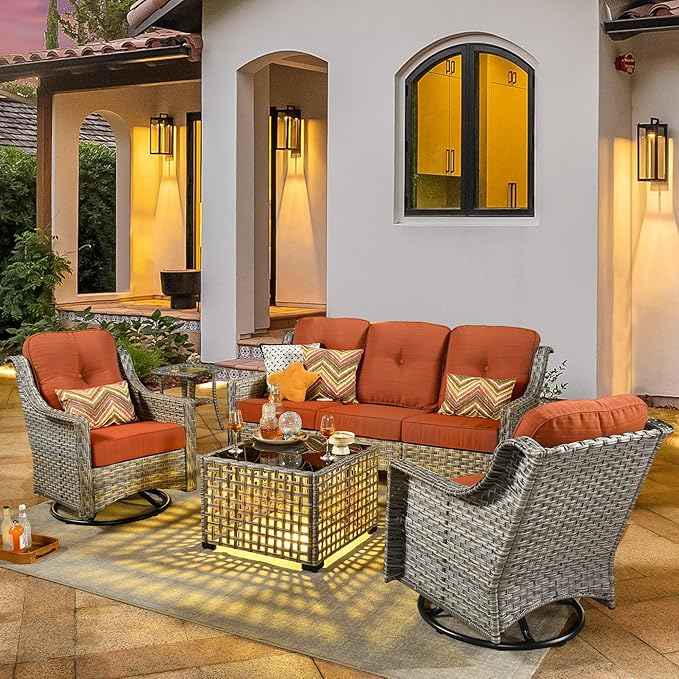 5 Pieces Patio Conversation Set,Wicker Swivel Rocking Chair and Coffee Table,All Weather Rattan Patio Furniture Set for Garden,Backyard,Poolside and Patio,Orange