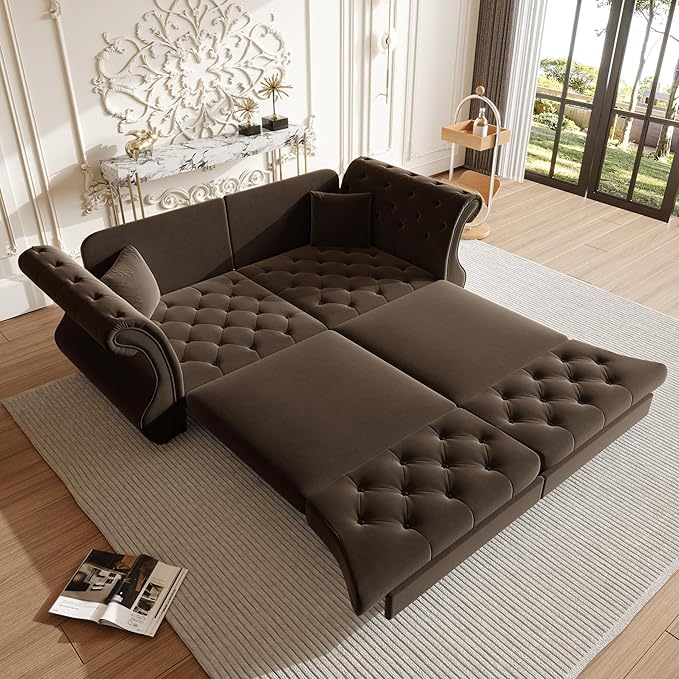 Eafurn Oversized 3-Seater Chesterfield Loveseat Convertible Queen Size Sleeper Couch Bed,Classic Tufted Velvet Pull Out Loveseat Sofa Bed with Roll Armrest and Solid Wood Legs