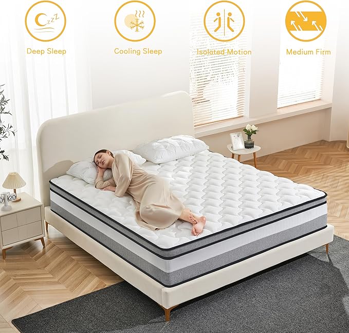 Full Size Mattress, 10 Inch Cooling Hybrid Full Mattress in a Box, Medium Firm with Gel Memory Foam & Pocket Coils, Motion Isolation, Pressure Relief, CertiPUR-US