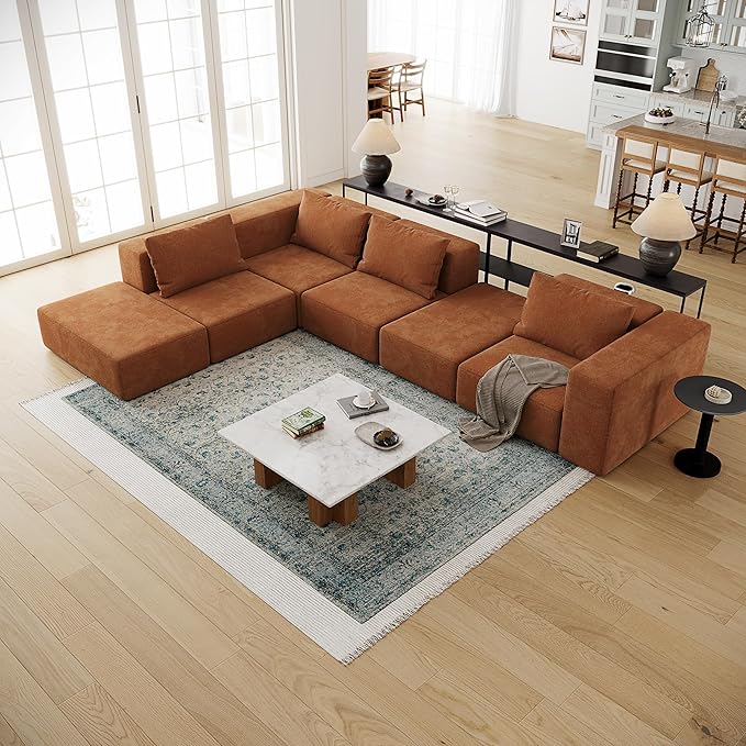 Acanva Oversized Modular Sectional Sofa with Removable Washable Slipcovers, Modern Low Profile Deep Seat Couch for Living Room, Chenille-Tangerine, Armrest/Ottoman
