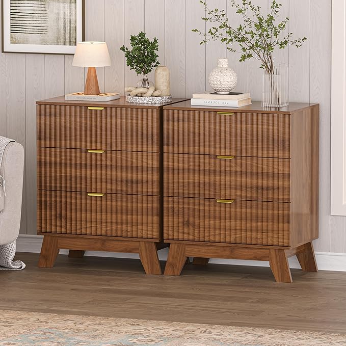 Nightstand with 3 Large Drawers,24" Wide End Table with Curved Metal Handles,Fluted Wood Small Dresser,Bedside Table,Modern Chest of Drawers for Bedroom,Living Room, Walnut - Image 4