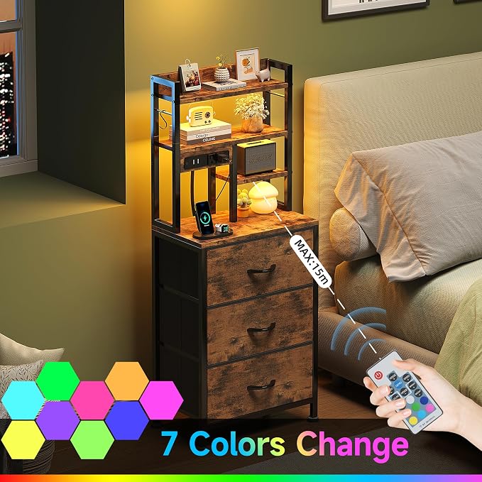 COTUBLR Night Stand, Tall Nightstand with Charging Station and LED Lights, Side Table with 4-Tier Shelves and 3 Fabric Drawers, 45.3" Tall Bedside End Tables for Bedroom, Hallway, Office, Rustic Brown - Image 3