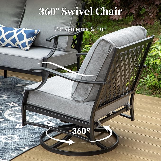 6 Piece Metal Outdoor Patio Furniture Set, Patio Conversation Sets 1 3-Seater Sofa, 2 Swivel Chair, 2 Leg Chair with 5.75" Thick Cushion and Coffee Table, Backyard Furniture Set, Gray