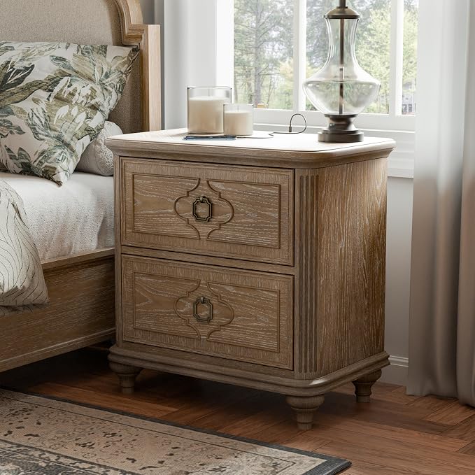 Furniture of America Weile Art Deco Solid Wood 29-inch Nightstand, Bedside Table with USB Ports, Antique Handles and Turn Legs, Wooden Night Stand for Bedroom, Guest Room, Dorm, Rustic Oak by FurnitureofAmerica