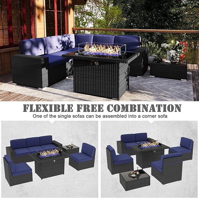 7 Pieces Patio Furniture Set with 44" Propane Gas Fire Pit Table, Outdoor Sectional Wicker Conversation Sofa Sets with Coffee Table