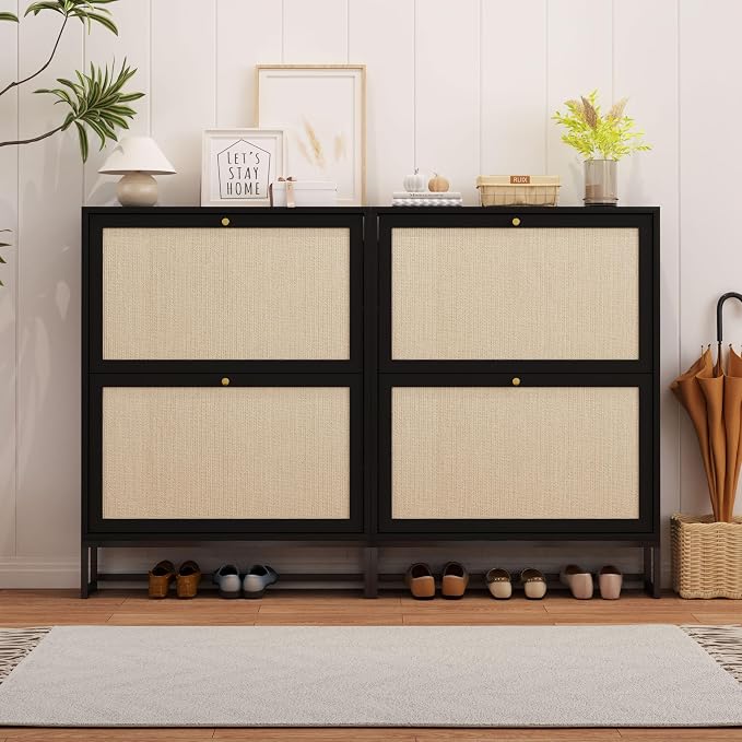 AVZEAR Narrow Shoe Cabinet with 2 Flip Drawer, Freestanding Shoe Organizer Shoe Cabinet Storage for Entryway, Slim Shoe Storage Shoe Rack for Closet with Linen Doors in Hallway, Living Room(Black) - Image 8